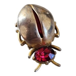 Vintage Beetle Bug Brooch Silver-Tone Insect Pin w/ Red Rhinestone Jewel